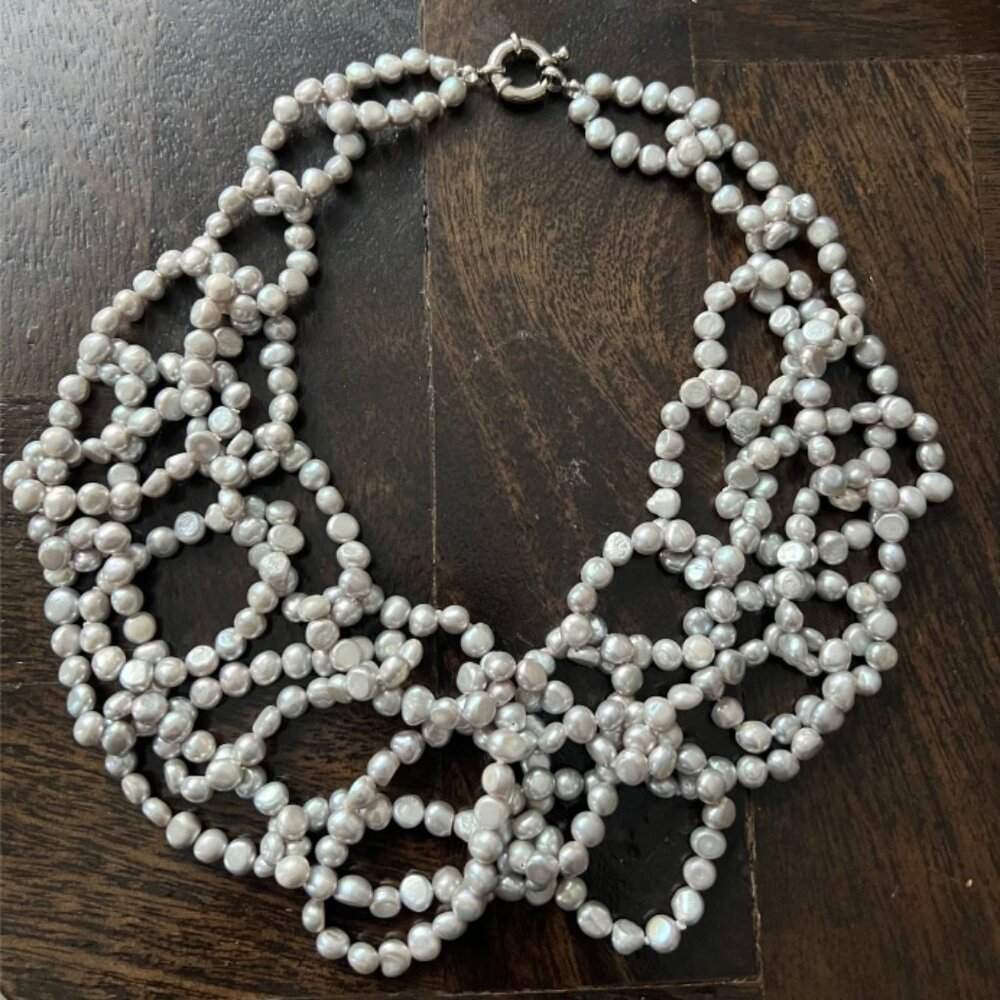 Chunky Water Pearls Multi Strand Chocker Necklace / Grey